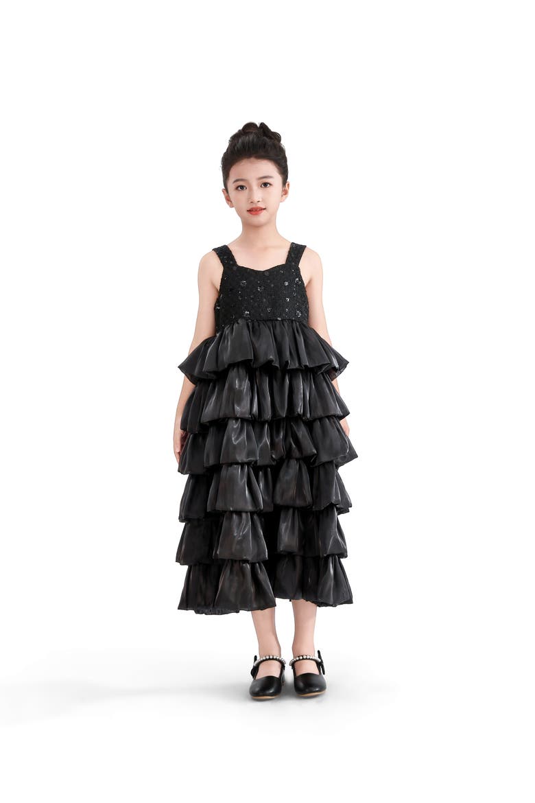 Ruffle Tiered Gala Dress, Alternate, color, Black