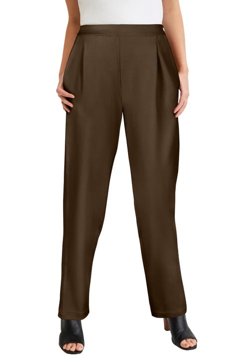Jessica London Stretch Knit Crepe Straight Leg Pants In Brown