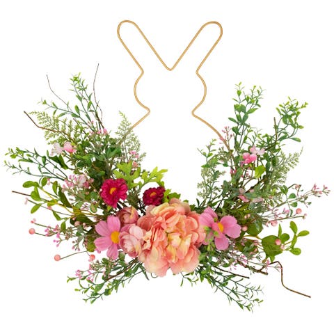 Bunny And Peony Mixed Floral Wall Hanging Easter Decoration - 16" - Pink