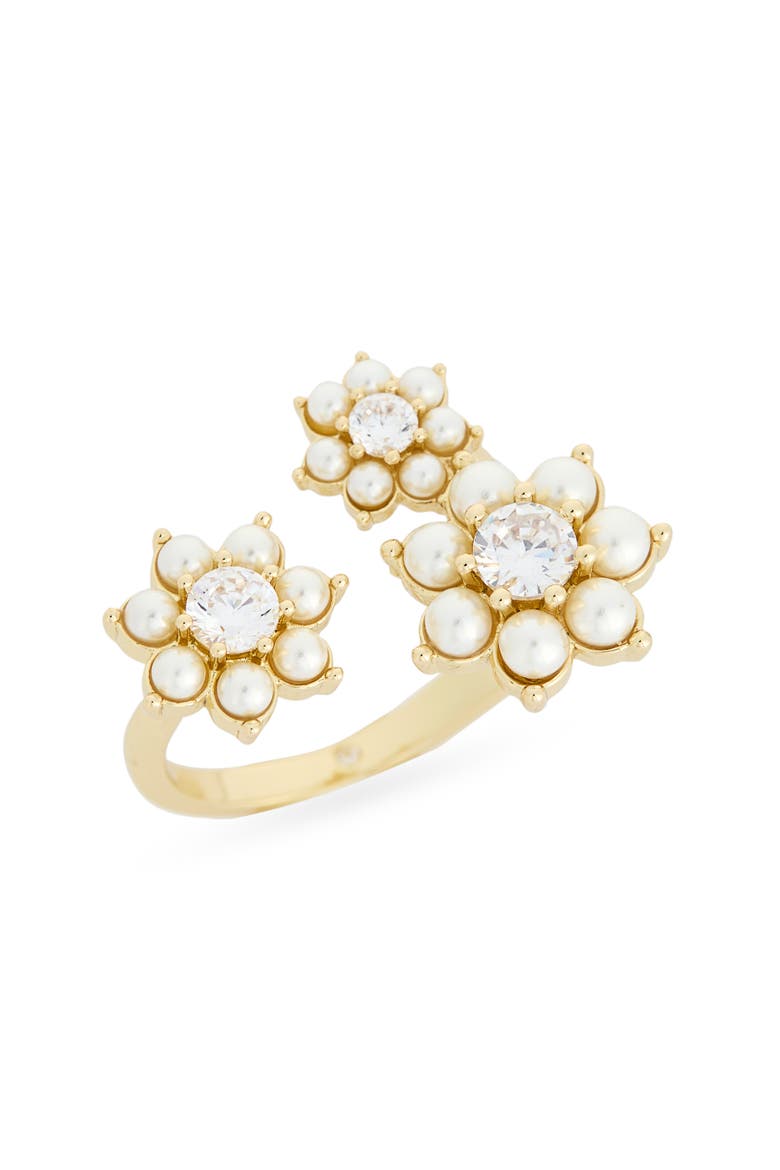 Cubic Zirconia & Faux Pearl Flower Open Band Ring, Main, color, WHITE MULTI / GOLD