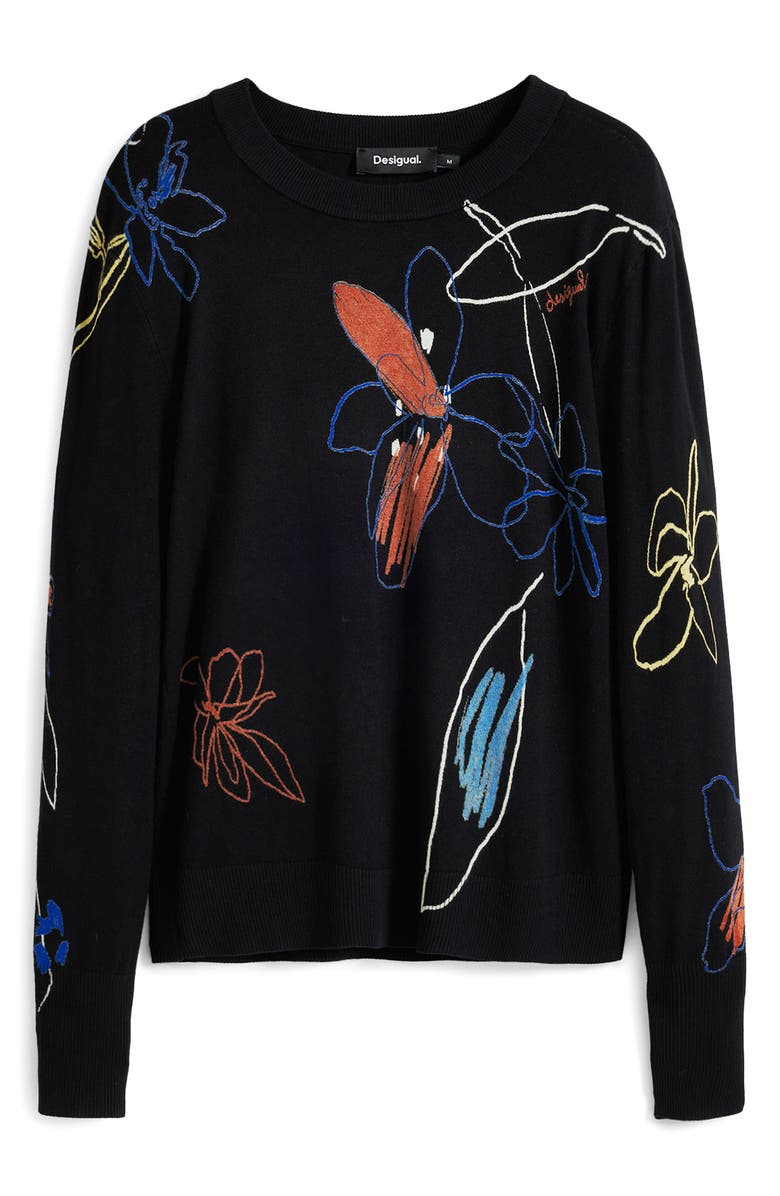 Desigual Floral Crewneck Sweater, Alternate, color, Black