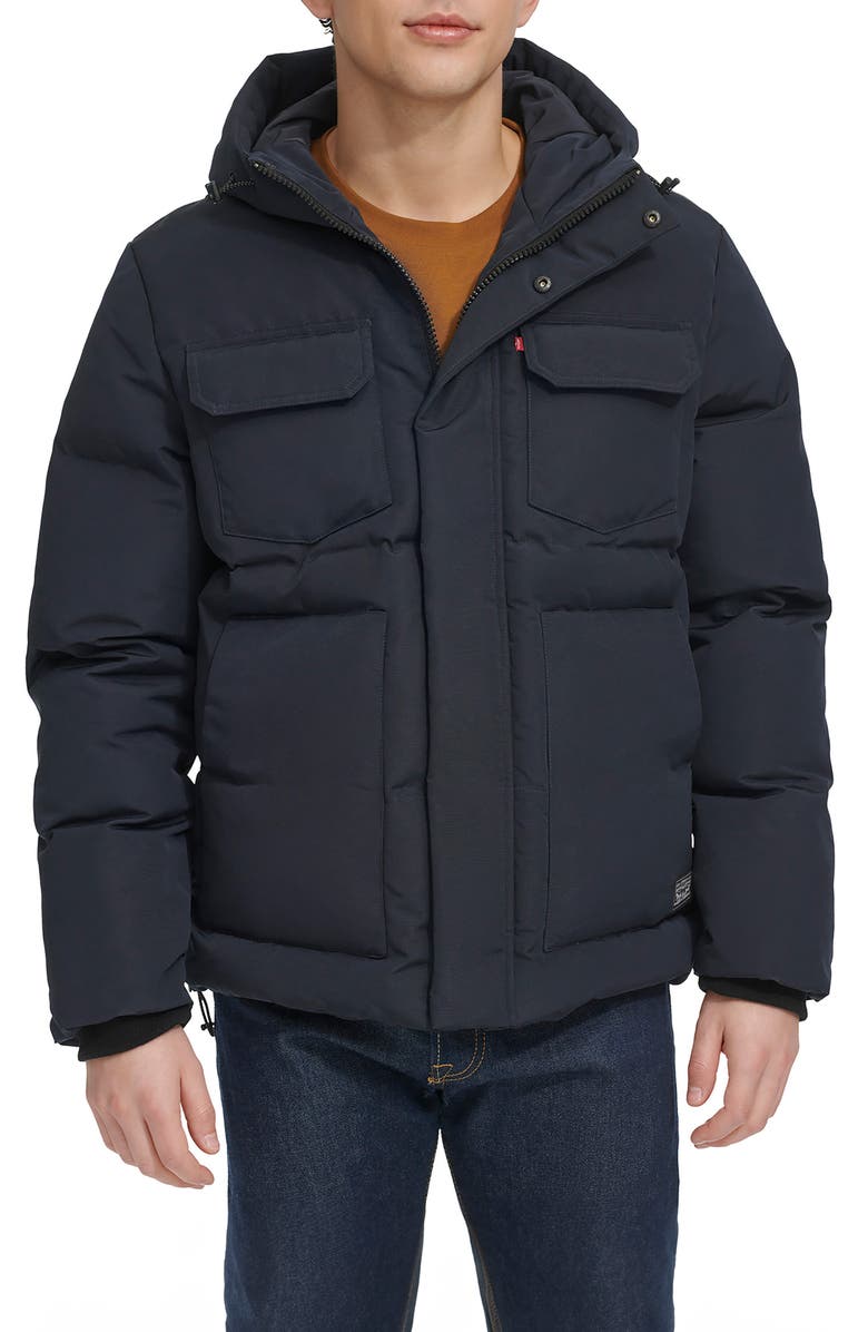 Levi's Water Resistant Hooded Quilted Puffer Jacket, Main, color, Navy