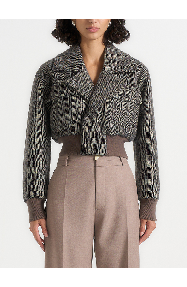 Manière De Voir Cosette Herringbone Wool Lapel Bomber Jacket, Alternate, color, Grey