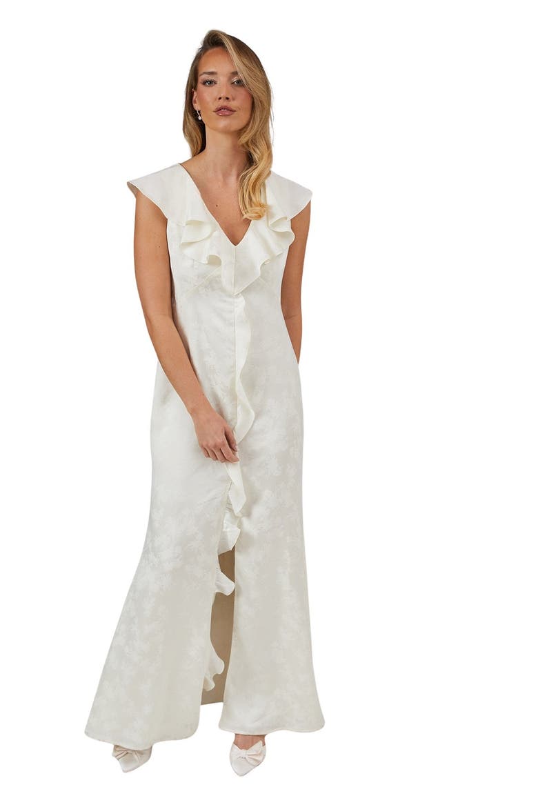 Satin Jacquard V-Neck Bridesmaid Dress, Main, color, Champagne