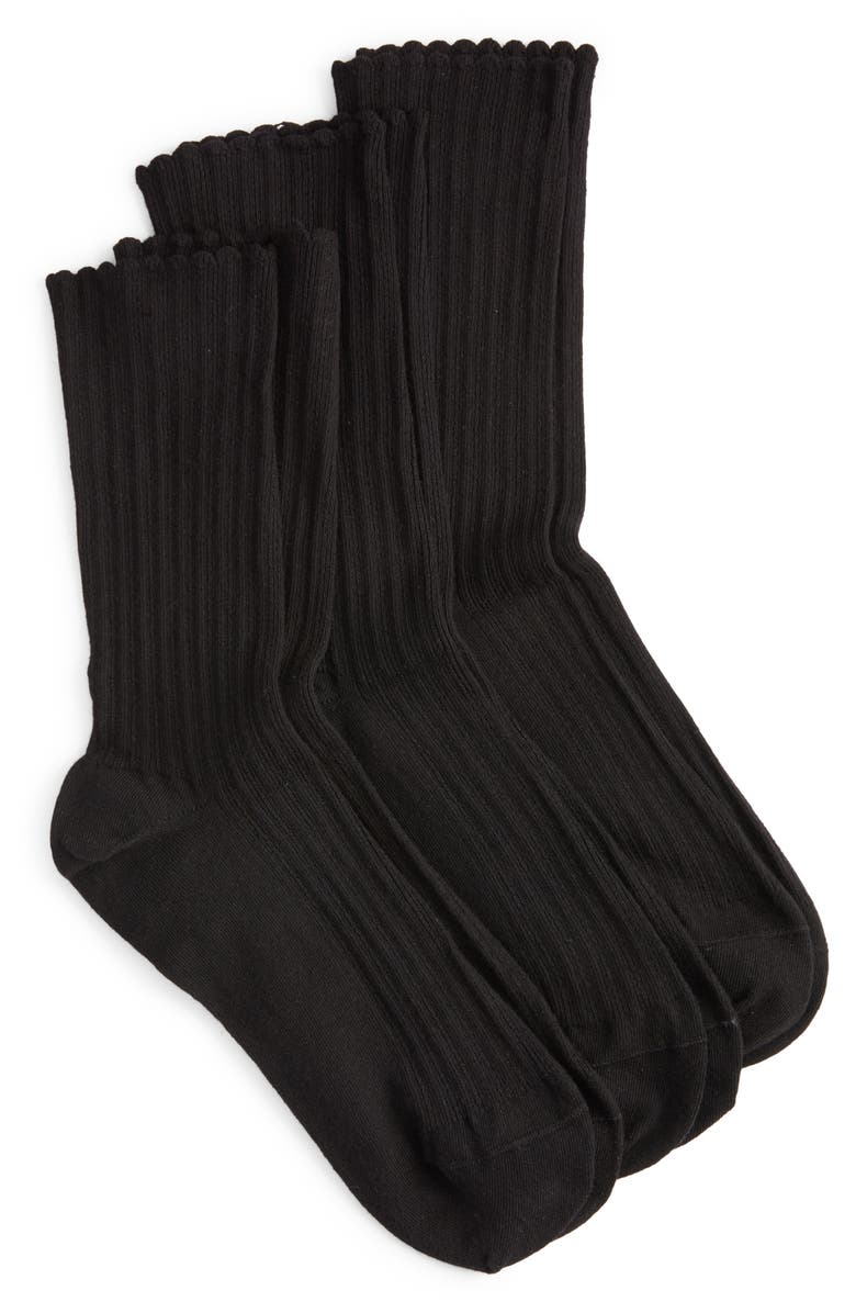 Hue 3-Pack Scalloped Pointelle Crew Socks, Main, color, Black