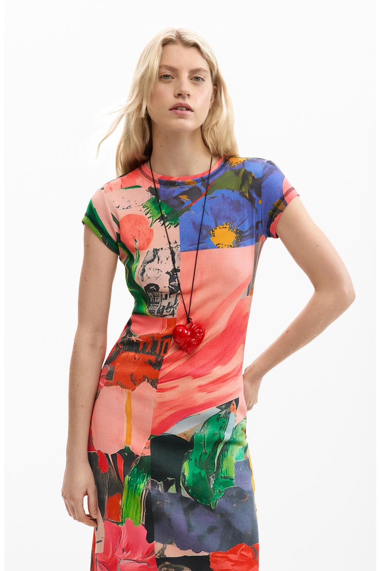 Mixed Print Stretch Cotton Knit Dress, Alternate, color, PINK