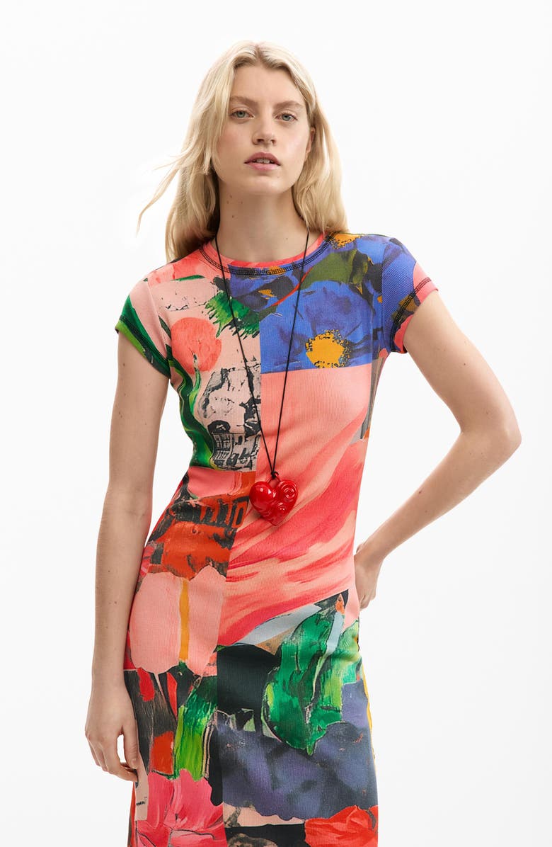 Desigual Mixed Print Stretch Cotton Knit Dress, Alternate, color, Pink