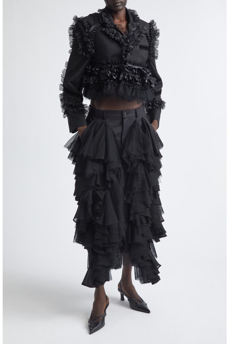 Wool Gabardine Skirt with Tulle Ruffles, Alternate, color, BLACK X BLACK