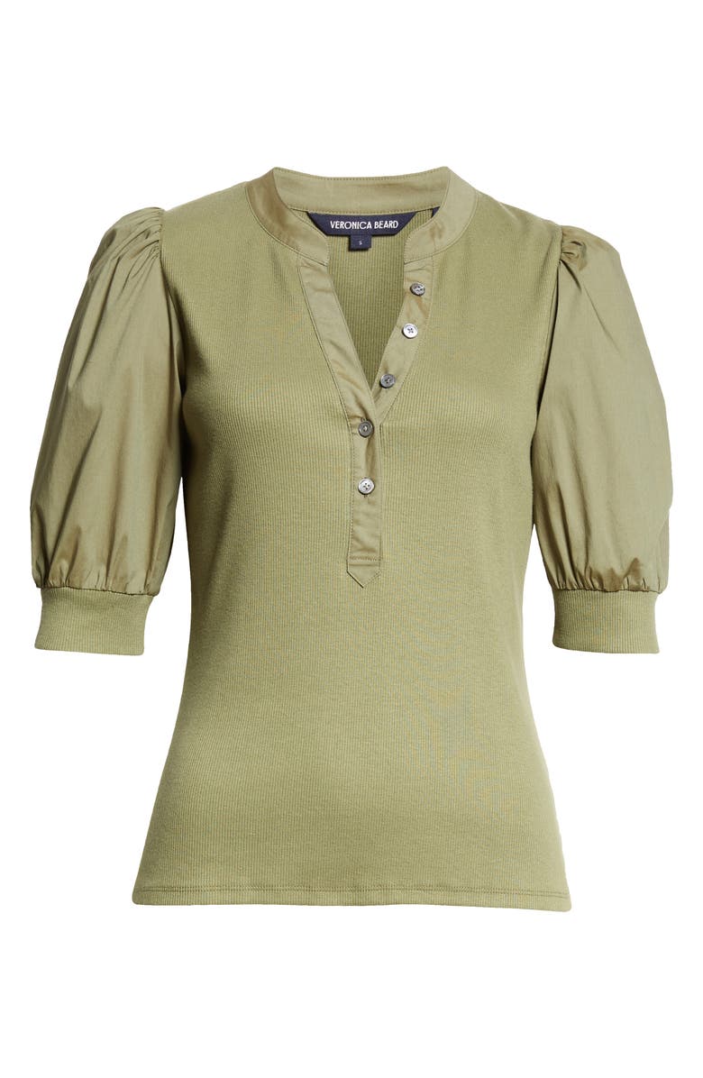 Veronica Beard Coralee Puff Sleeve Stretch Cotton Henley Top, Alternate, color, Stone Army