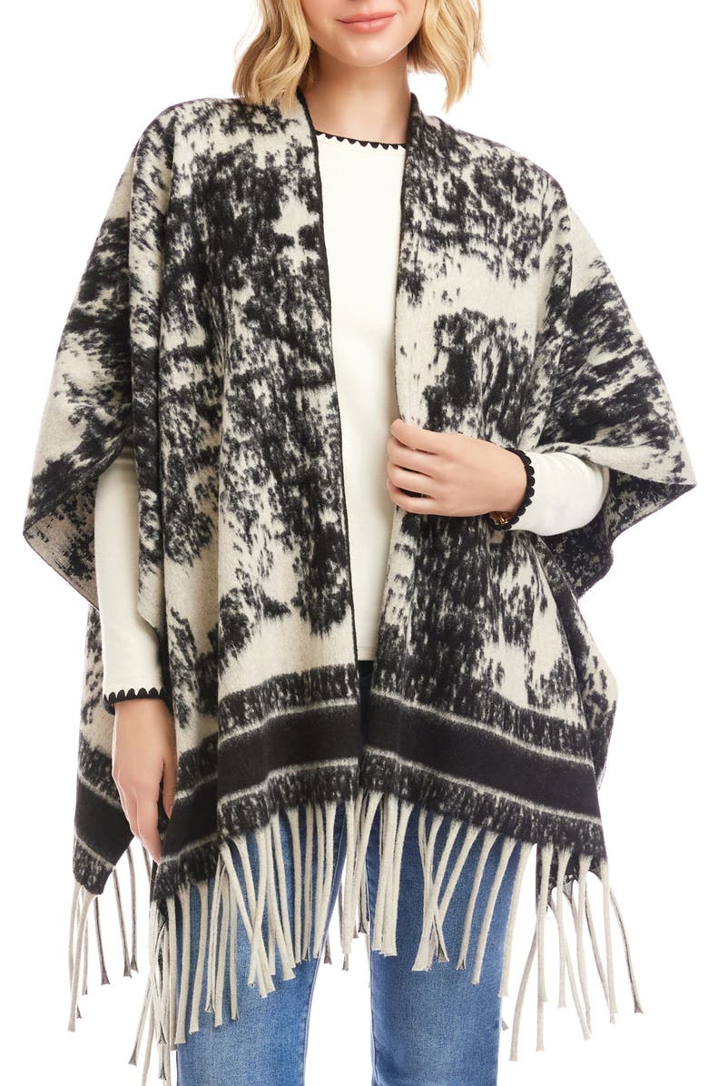 Karen Kane Fringe Poncho, Main, color, Ecru W/ Black