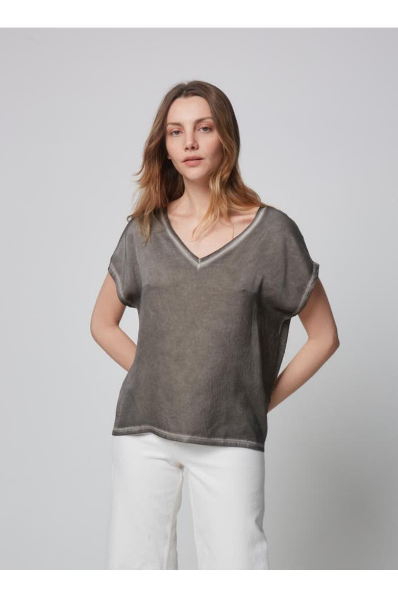 Hand-Dyed Linen Silk Semi-Relaxed V-Neck, Main, color, MILITAIRE