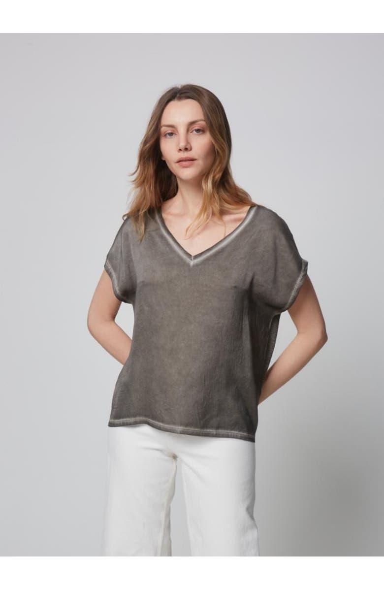 Majestic Filatures Hand-Dyed Linen Silk Semi-Relaxed V-Neck, Main, color, Militaire