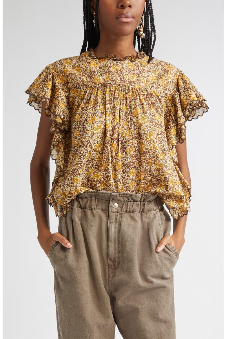 Daliyane Floral Ruffle Detail Cotton Top, Main, color, KHAKI
