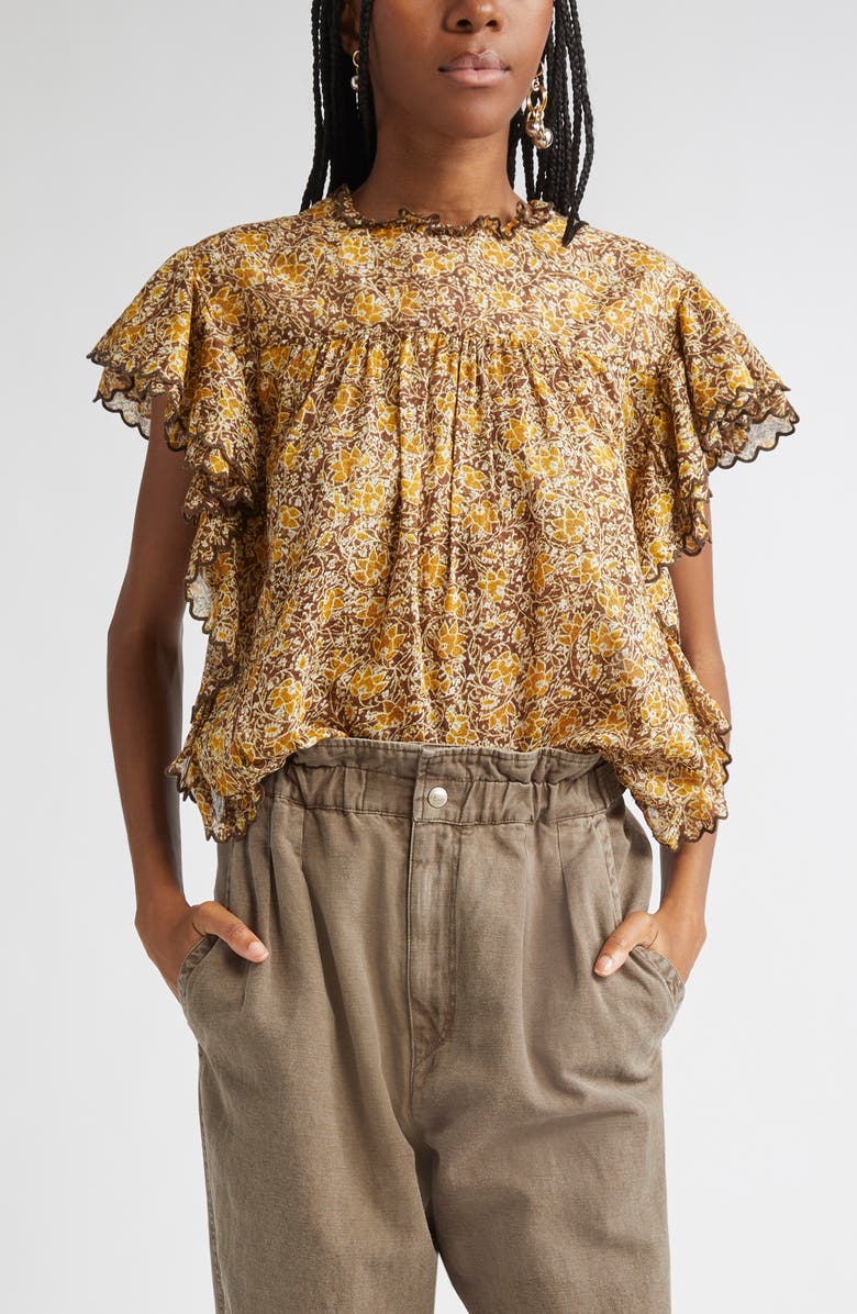 Isabel Marant Étoile Daliyane Floral Ruffle Detail Cotton Top, Main, color, Khaki