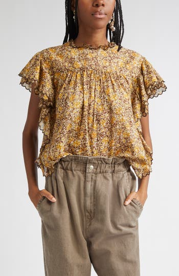 Isabel Marant Étoile Daliyane Floral Ruffle Detail Cotton Top in Khaki at Nordstrom Rack, Size 34