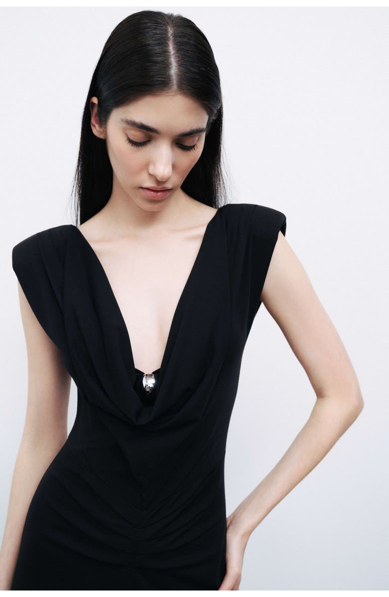 Nocturne Black Padded Shoulder V-Neck Maxi Dress, Alternate, color, 