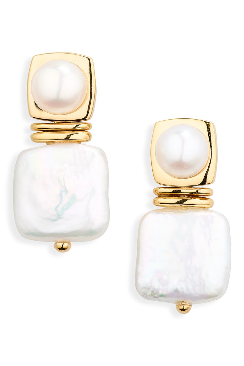 Square Freshwater Pearl Drop Earrings, Main, color, GOLD