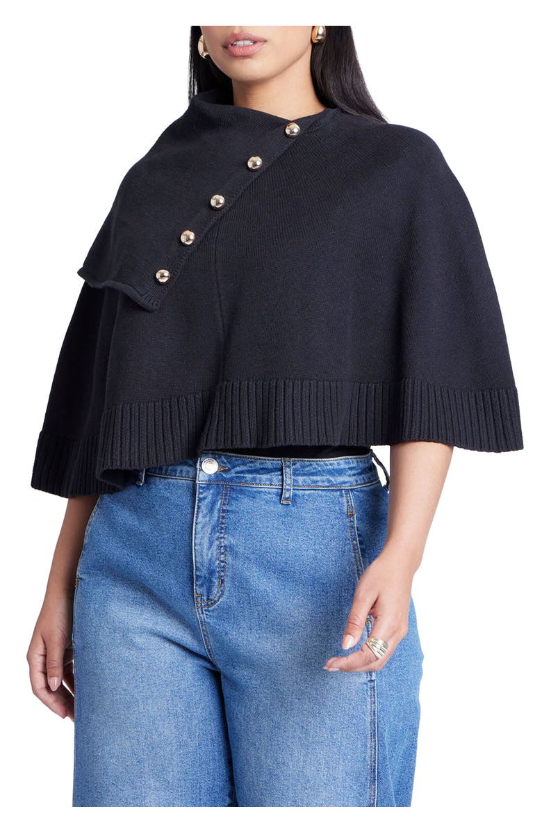 ELOQUII Button Detail Sweater Poncho, Main, color, Black Onyx