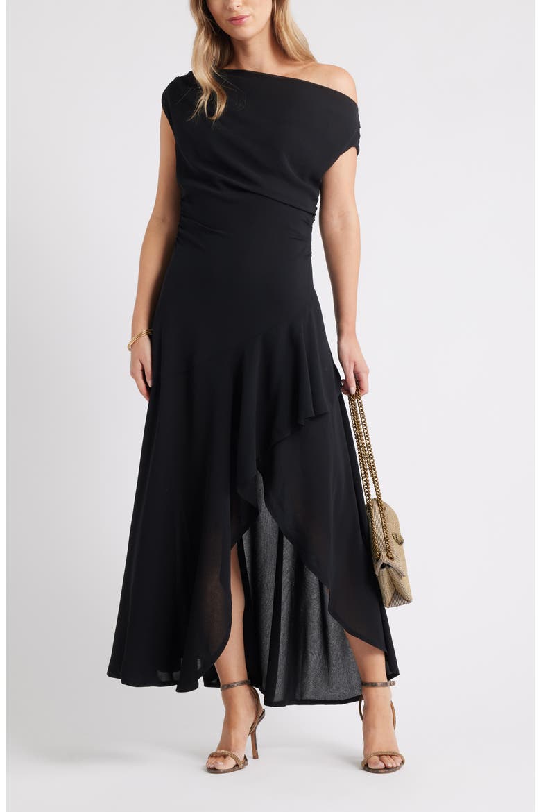 Cascading Off the Shoulder Evening Dress, Alternate, color, BLACK