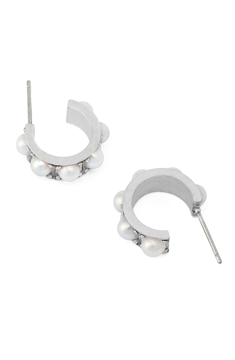 AllSaints Imitation Pearl Small Huggie Earrings, Alternate, color, Pearl/ Warm Silver