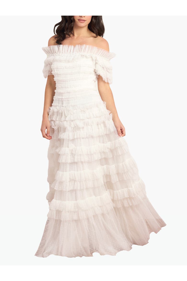 Lisette Ruffle Off Shoulder Gown, Main, color, Swan White