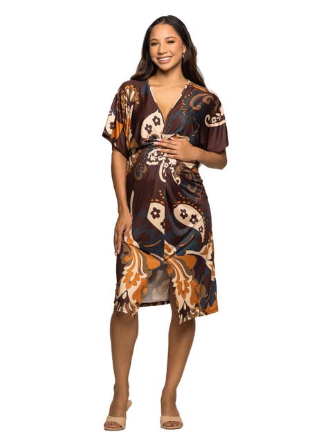 Short Sleeve Knot Front Midi Dress in Paisley Print