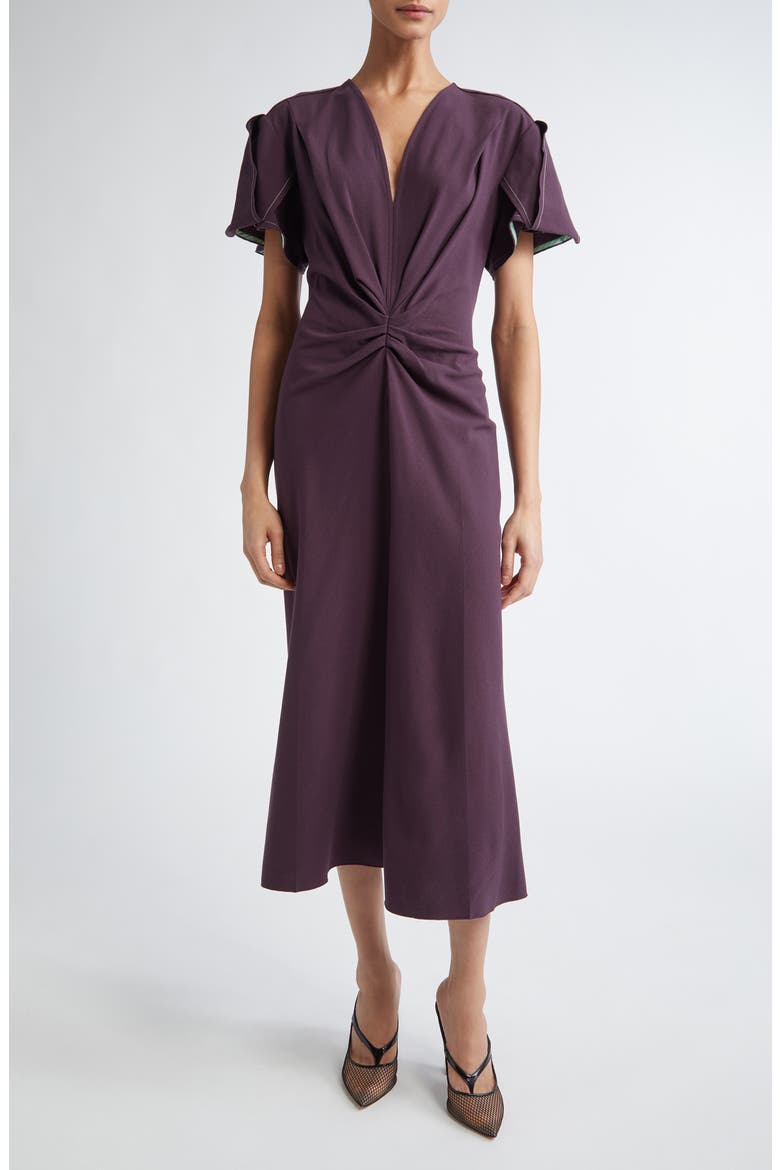 Gathered Wool Blend Crepe Midi Dress, Main, color, FIG