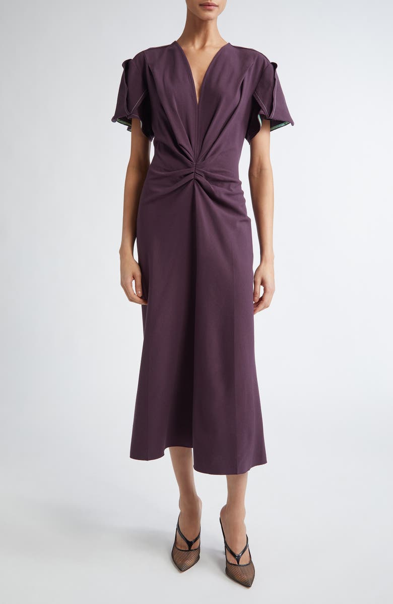 Victoria Beckham Gathered Wool Blend Crepe Midi Dress, Main, color, Fig