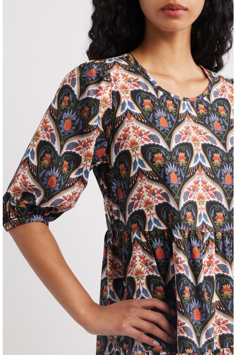 Porcelain Birds Print Minidress, Alternate, color, BLACK