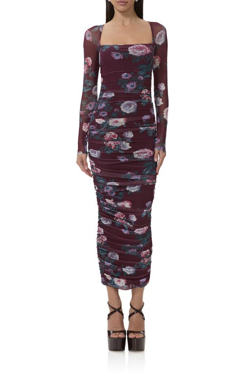 Afrm Maggie Floral Shirred Long Sleeve Midi Dress In Brown