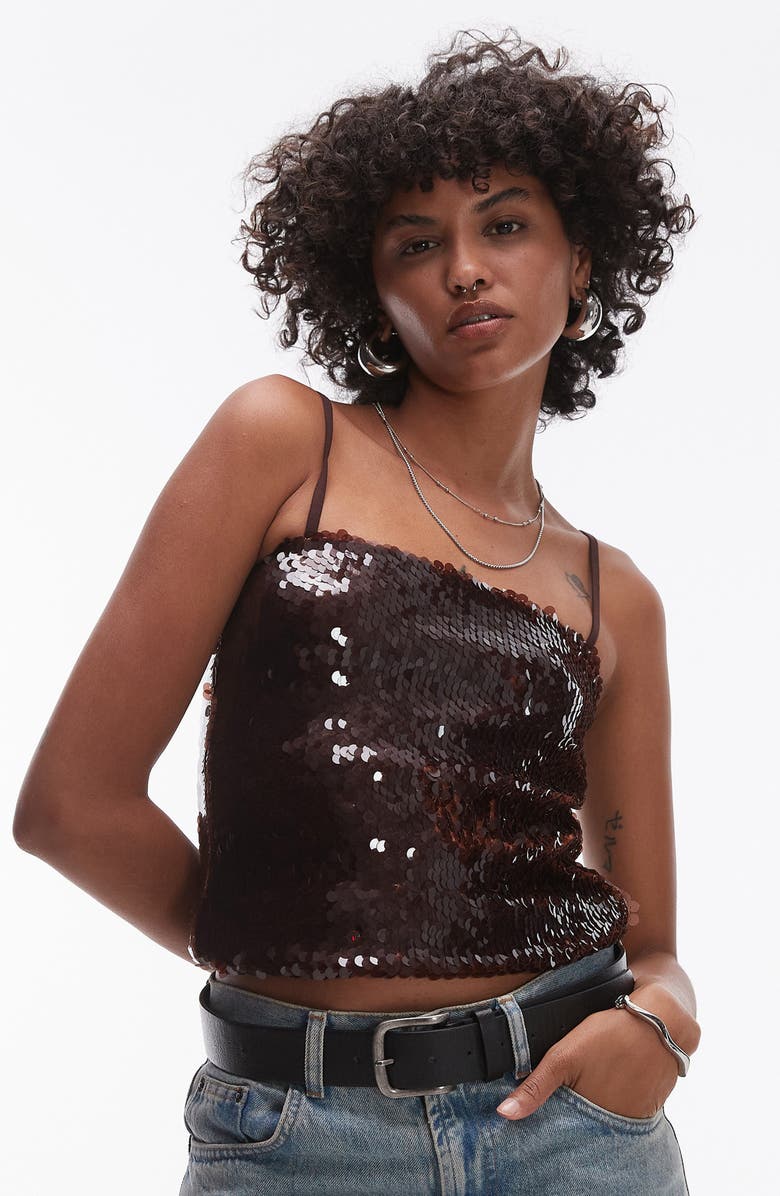 Topshop Sequin Camisole, Main, color, Brown