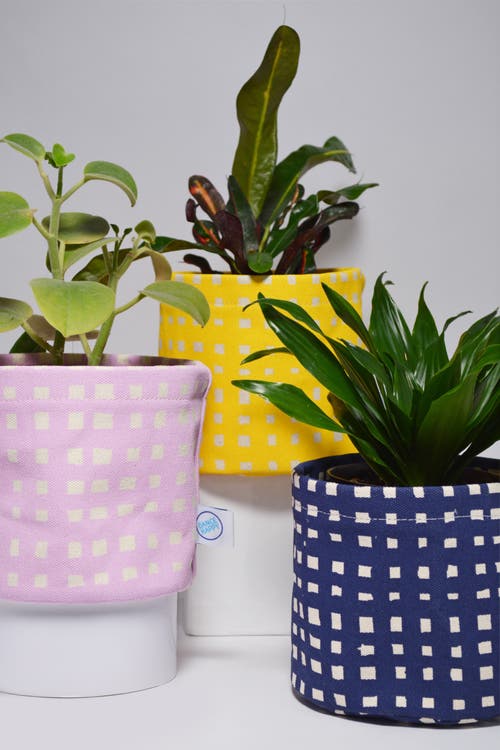 Dance Happy Micro Grid Round Bin/canvas Planter In Navy