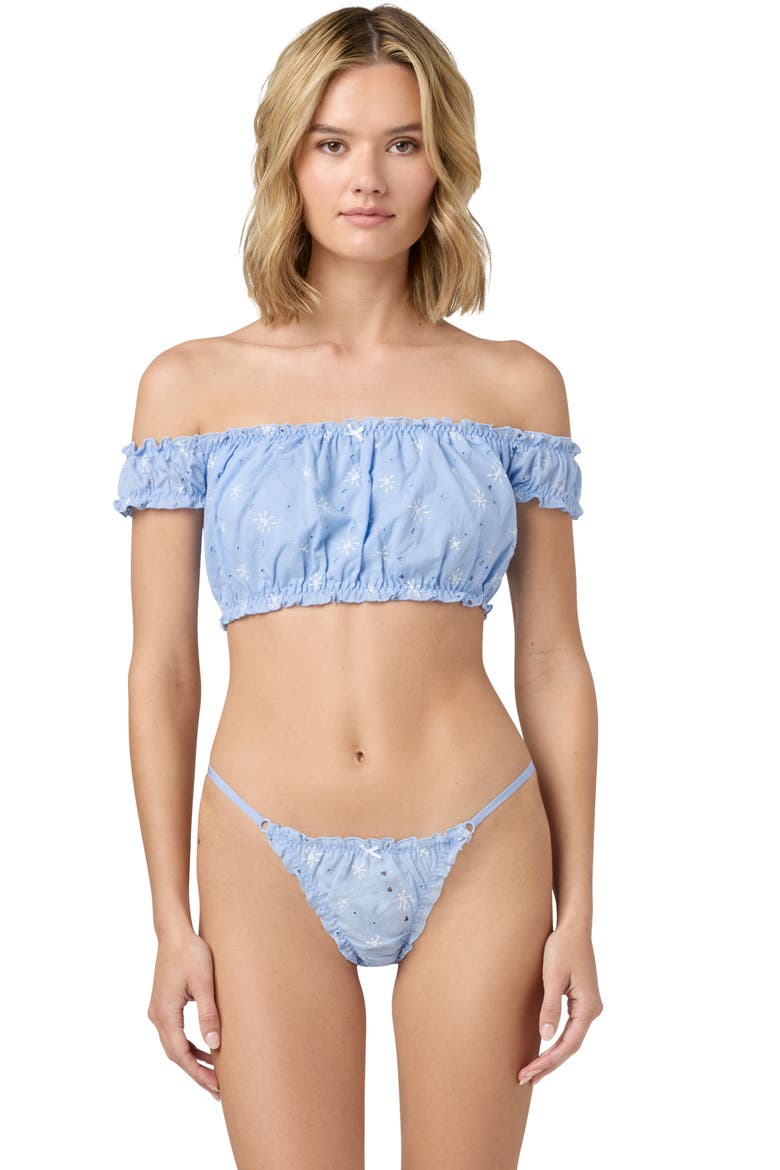 Embroidered Eyelet Off the Shoulder Crop Top, Alternate, color, BLUE JET STREAM