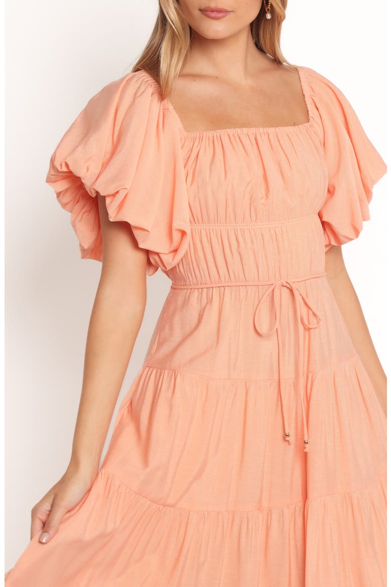 Julie Flutter Sleeve Tiered Midi Dress, Alternate, color, PEACH