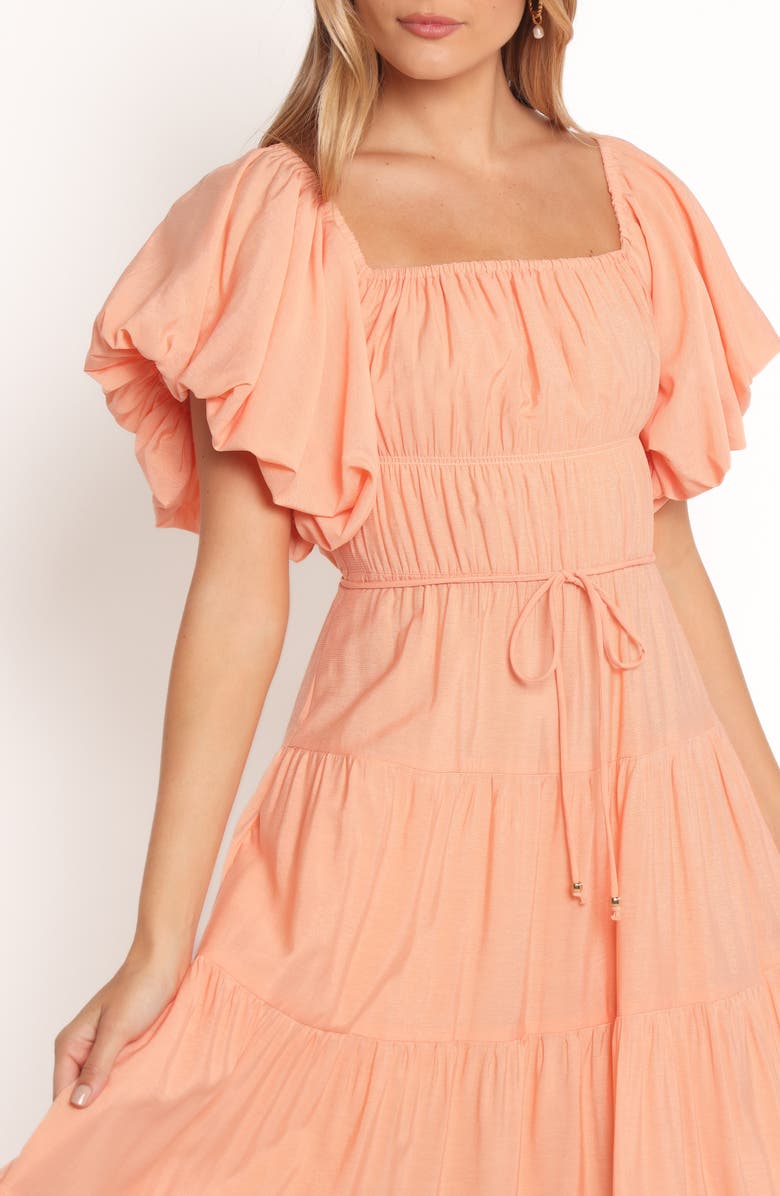 Petal & Pup Julie Flutter Sleeve Tiered Midi Dress, Alternate, color, Peach