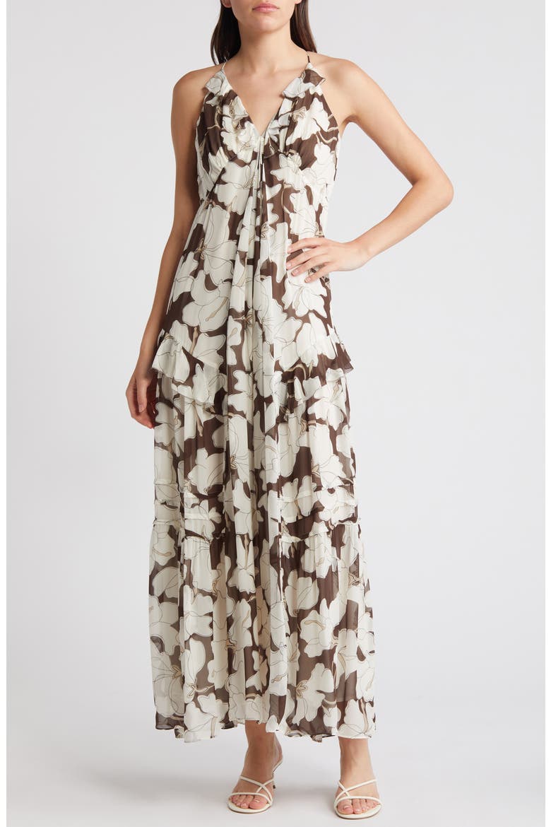 Boa Floral Ruffle Chiffon Maxi Dress, Main, color, MOCHA FLORAL