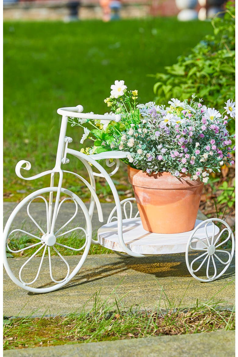 18"L Solid Wood and Metal Tricycle Planter Stand with Tray, Alternate, color, White