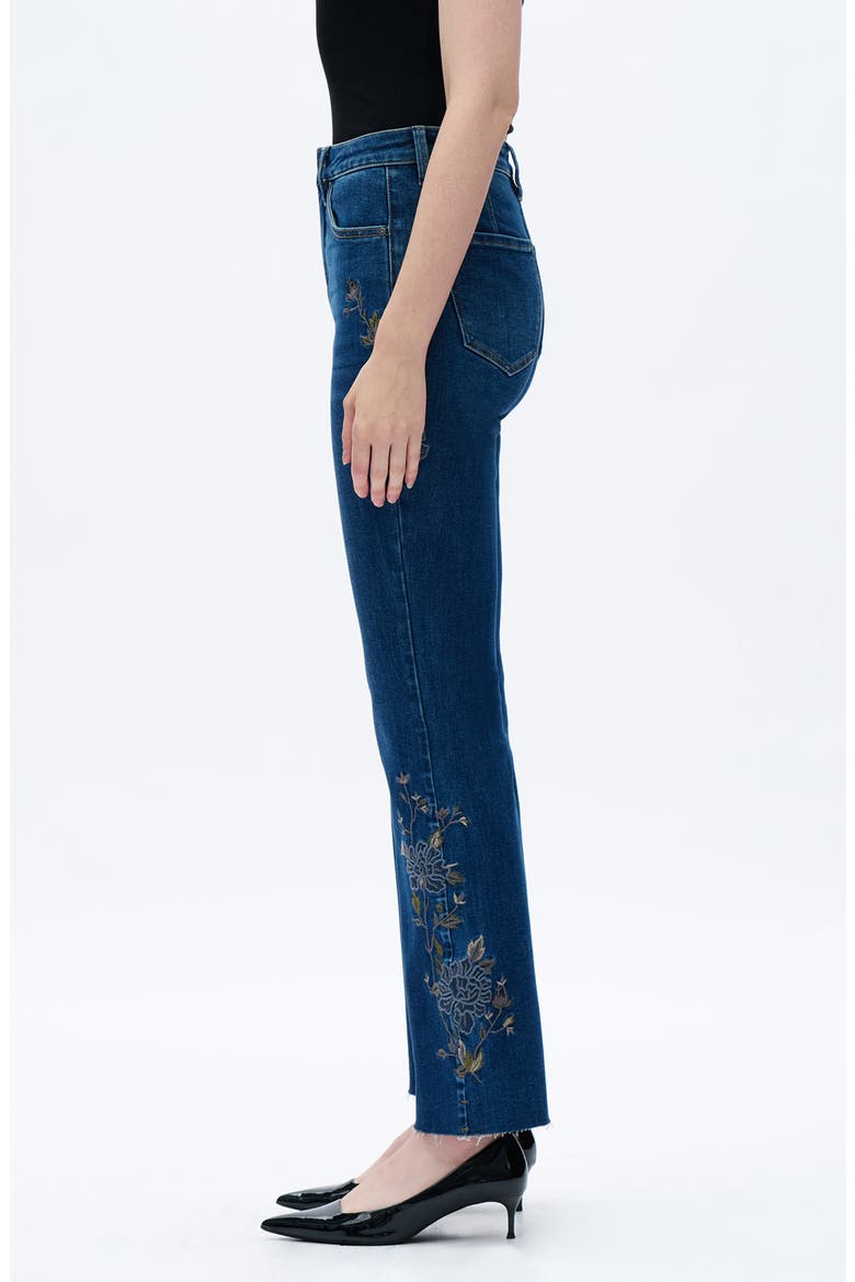 Embroidered Raw Hem High Waist Flare Jeans, Alternate, color, DARK BLUE