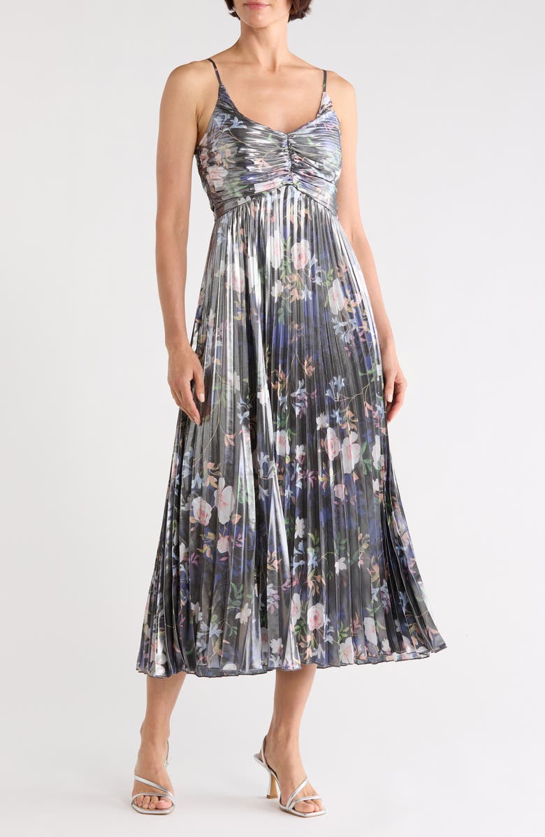 Nicole Miller Metallic Floral Empire Waist Pleated Midi Dress, Main, color, Spring Black Metallic