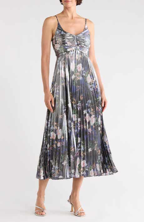 Nicole Miller Metallic Floral Empire Waist Pleated Midi Dress