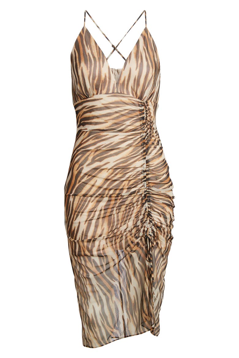 Animal Print Ruched Mesh Body-Con Dress, Alternate, color, KHAKI BLACK TIGER