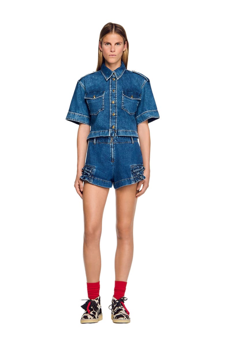 SANDRO Ruffled denim shorts, Main, color, Blue Jean