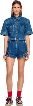 SANDRO Ruffled denim shorts