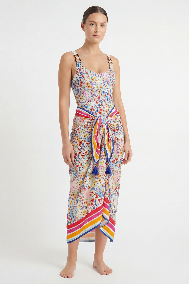 Melanie Border Print Pareo Cover-Up, Alternate, color, Wildflower Patch