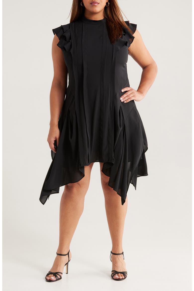 Pintuck Handkerchief Hem Dress, Main, color, BLACK