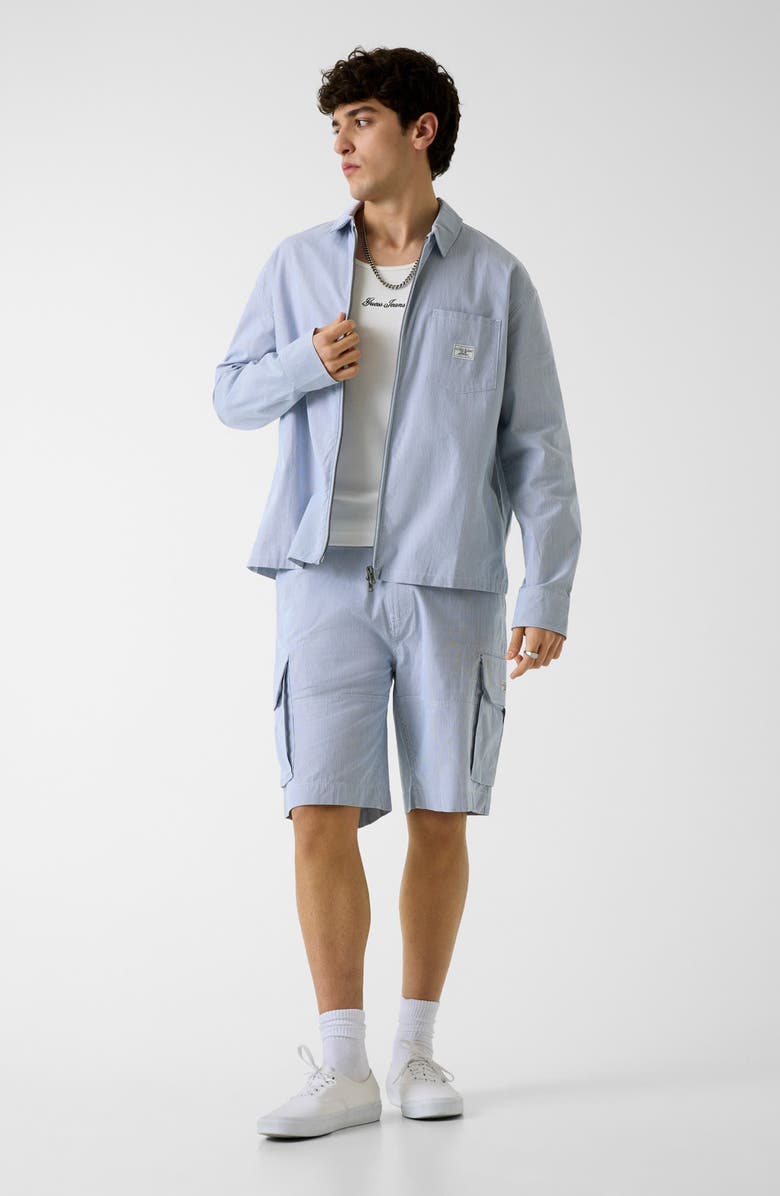 GUESS Zip Front Stripe Shirt, Alternate, color, Daring Ocean/ White