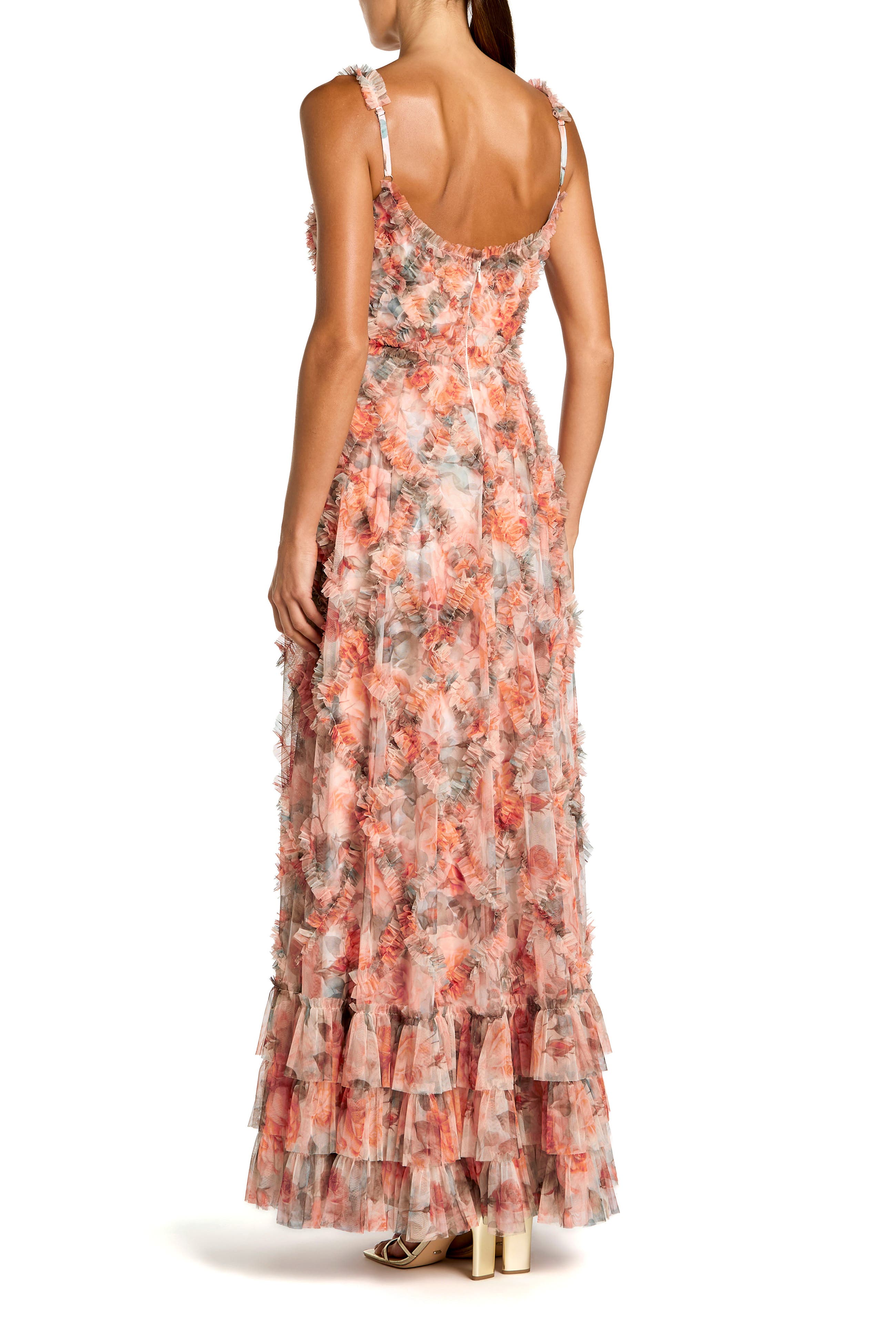 Floral Mesh Sleeveless Micro Ruffle A Line Gown - image 2