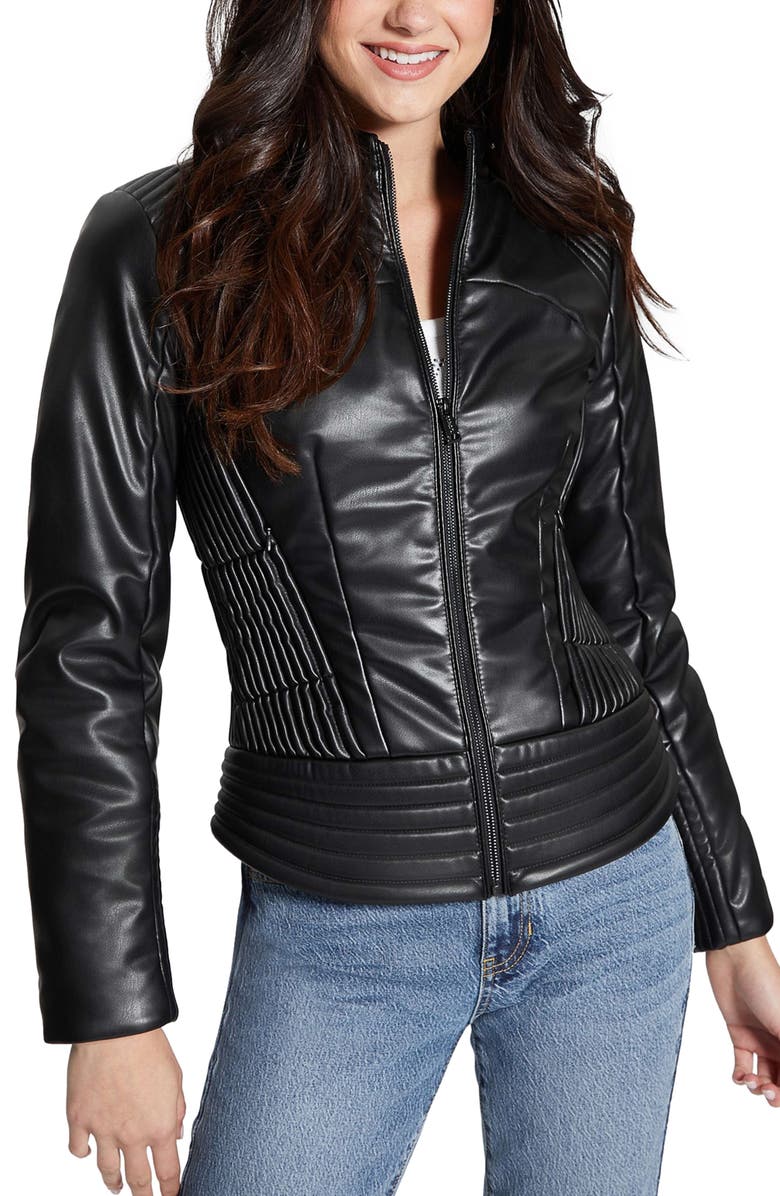 GUESS Lea Corset Faux Leather Jacket, Alternate, color, Black