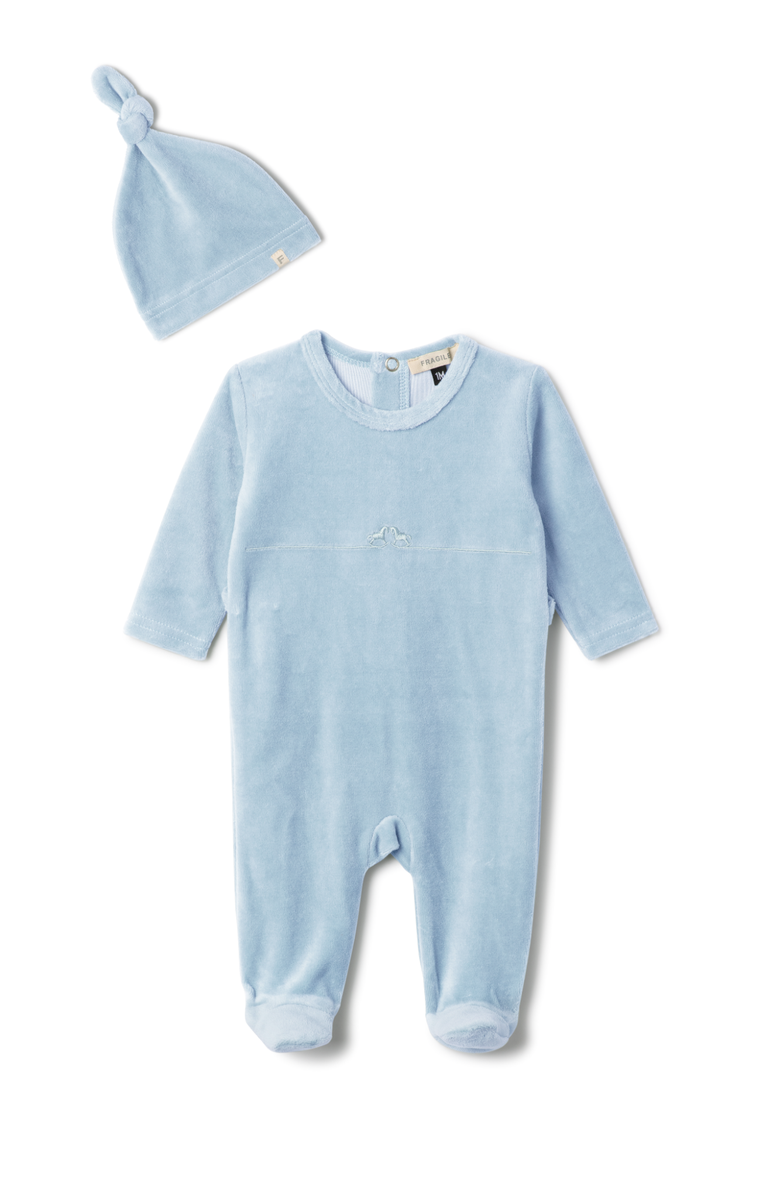 Fragile Boy Rocking Horse Stretch Romper with Matching Hat, Main, color, Blue