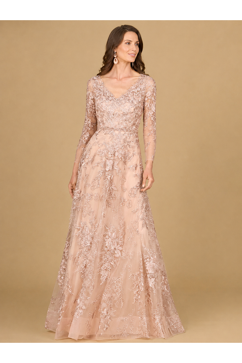 Long Sleeve V-Neck Lace Gown with Beaded Belt, Main, color, Blush